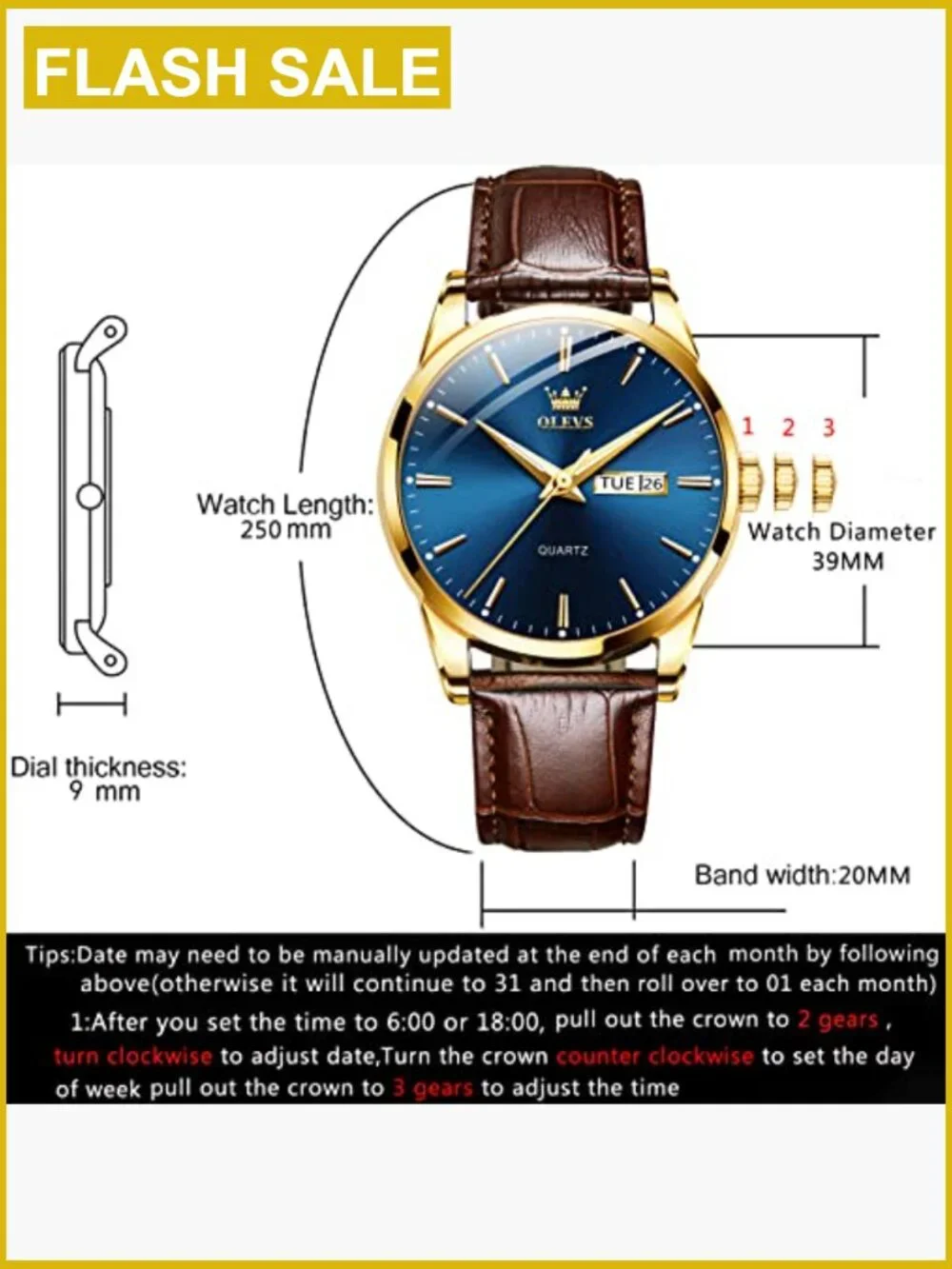 Mens Dress Watch Brown Leather Band Quartz Waterproof Gold Case 38MM Day Date